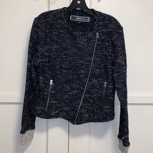 BNCI by Blanc Noir Large Tweed Knit Drape Cropped Cardigan Jacket Black White